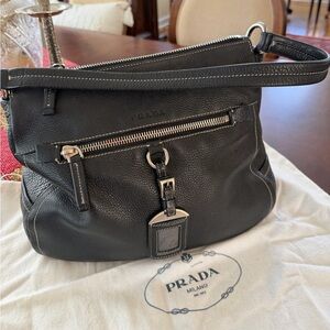 Authentic Prada Vitello Diano Elegant Black Leather Shoulder Bag